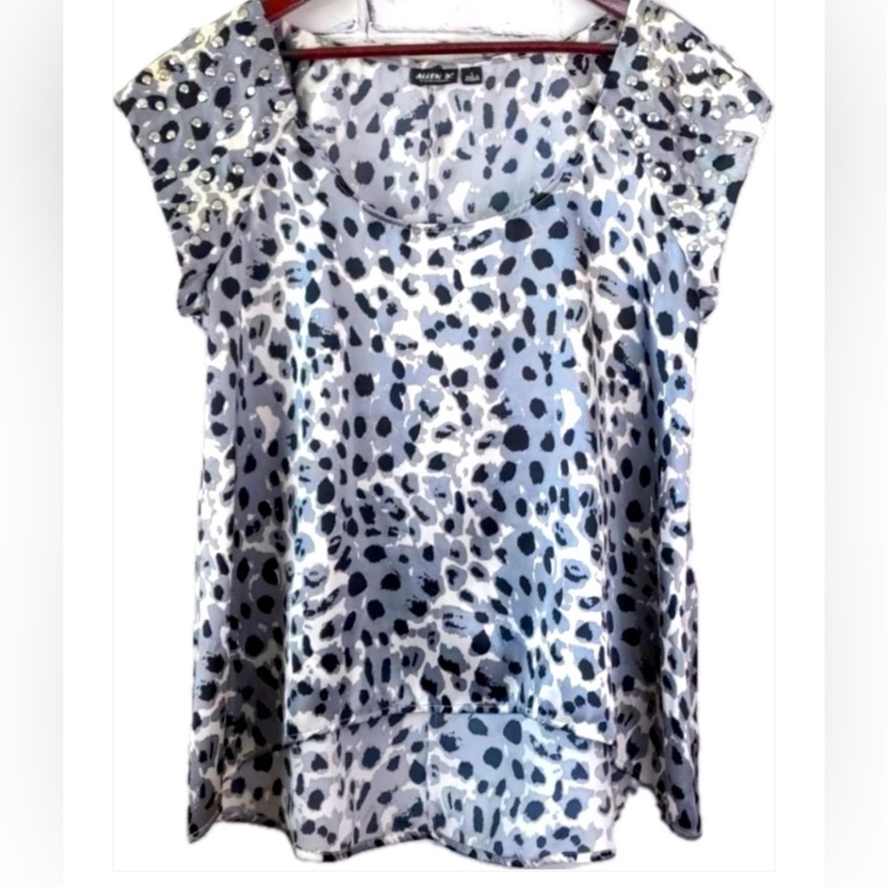 Gray Leopard Silky Silver Studded Embellished Top L